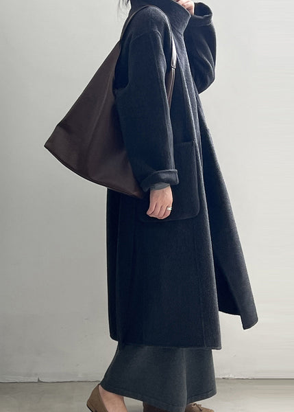 Italian Grey Stand Collar Pockets Tie Waist Woolen Coat Fall AF1099 HS-CTS240914