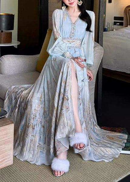 Maxi Chiffon Print Dresses Waist Blue Stylish V Spring High Neck FashionChic