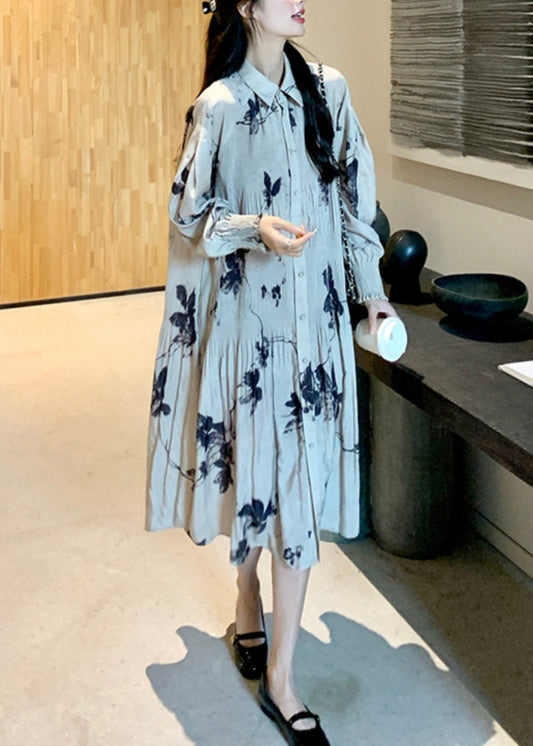 Style Lantern Dresses Chinese Collar Wrinkled Button Print Long FashionChic