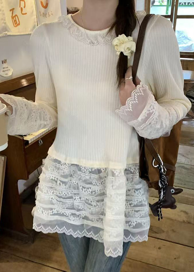 T Fit Patchwork Slim Button Shirt Spring Lace Beige FashionChic