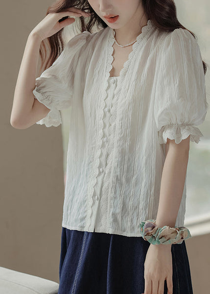 Summer Neck V Lace Casual Top Patchwork White FashionChic