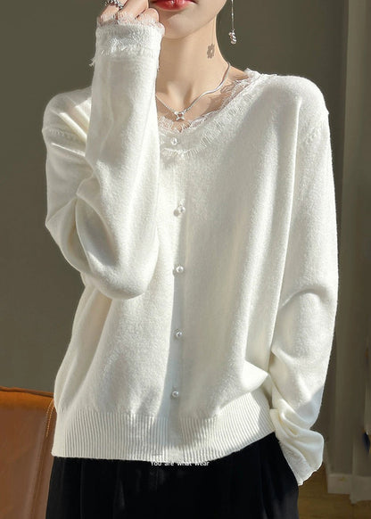 French White O-Neck Lace Patchwork Cotton Knit Sweater Fall QP047 OL-NTP241001