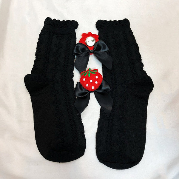 Ruffled White/Creamy Cotton Detachable Yellow/Black Bowknot Decorated Socks Strawberry FashionChic
