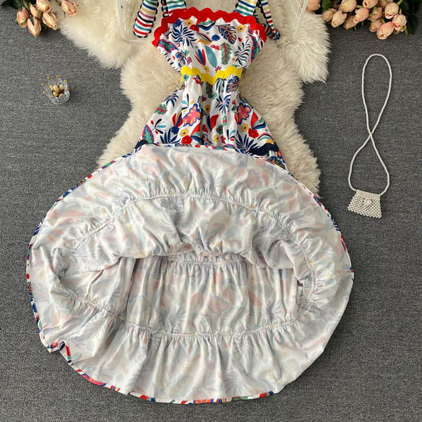 Art white Square Collar Rainbow Striped Floral Print Straps Dress AR1007 shopify