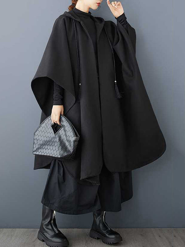 Stylish Black Hooded Drawstring Tasseled Pockets Zip-up Batwing Sleeve Trench Coat TW007 ABC