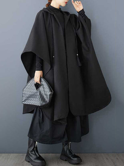 Stylish Black Hooded Drawstring Tasseled Pockets Zip-up Batwing Sleeve Trench Coat TW007 ABC