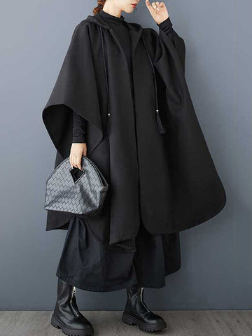 Stylish Black Hooded Drawstring Tasseled Pockets Zip-up Batwing Sleeve Trench Coat TW007 ABC
