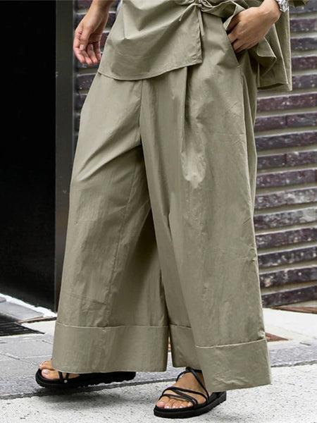 Elastic Organic Wide-Leg Waist Khaki Pants FashionChic