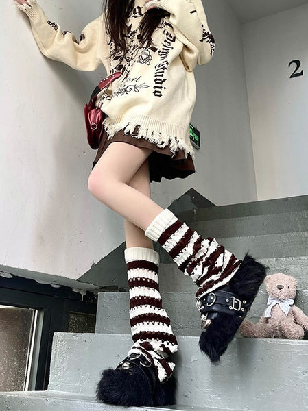 Knitted 3 Colors Design Cut-out Leg Warmers Striped Pattern FashionChic