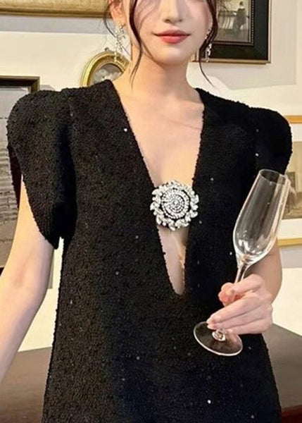 French Black V Neck Zircon Cotton Mid Dress Summer QP034 OL-SDM241001