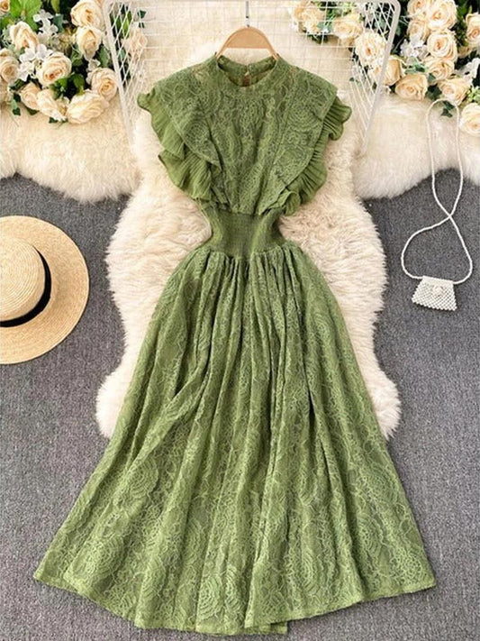 Temperament Olive Lace Ruffled Pleated Hem Flying Sleeve Dress AR1002 shopify