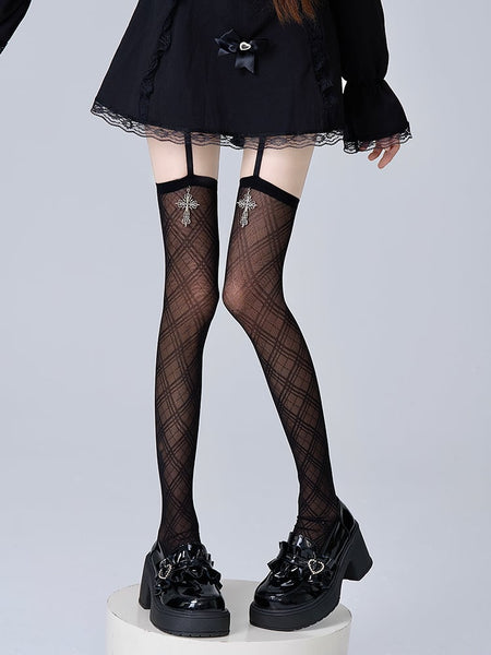 Goth Decoration Black/White Suspender Pattern Cross Diamond Stockings FashionChic