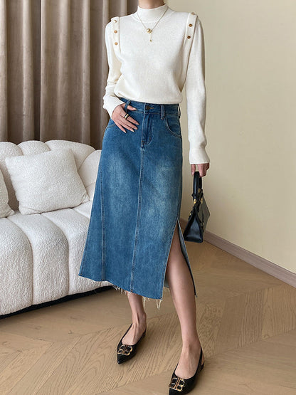 Elegant Grey High-Neck Buttoned Decor Long Sleeve Knit Sweater AN1050 Genistyle Shop