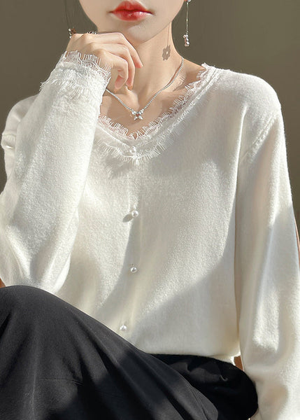 French White O-Neck Lace Patchwork Cotton Knit Sweater Fall QP047 OL-NTP241001