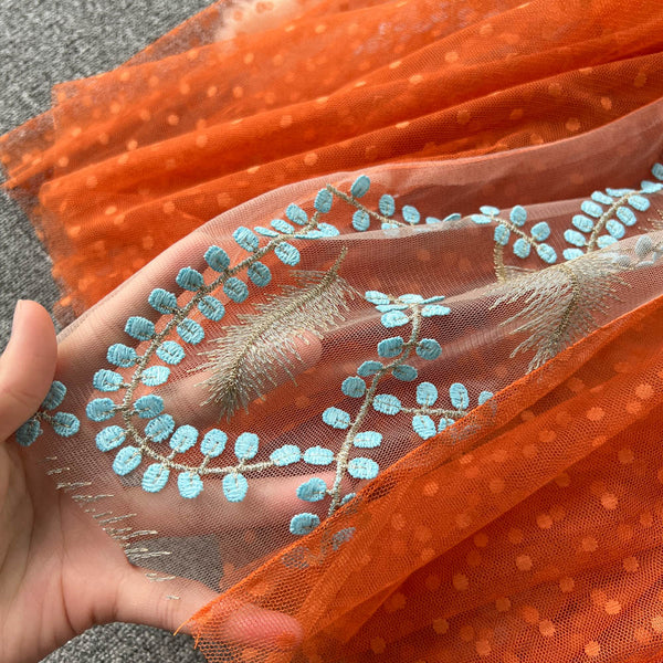 Italian Orange V-Neck Embroidery Tulle Long Sleeve Dress AR1005 shopify