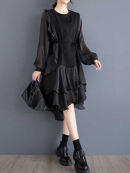 Chic Black Round-Neck Patchwork Contrast Color Ruffle Trim High-Low Long Sleeve Dress TW019 ABC