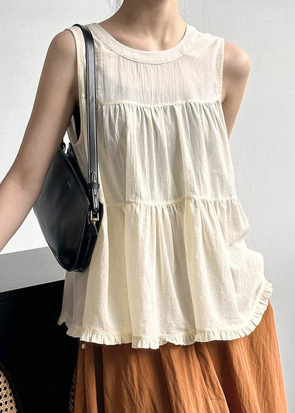 Beige Ruffled Solid Cotton Tops O Neck Summer AF1048 HS-STP240914