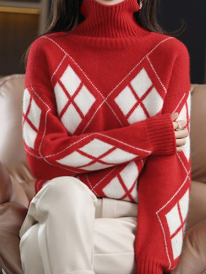 Casual Red High-Neck Contrast Color Plaid Long Sleeves Sweater QX014 shopify