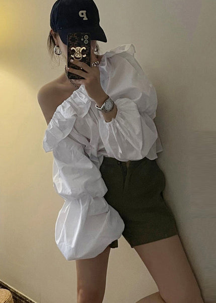 Cold Blouse Puff Sleeve French Shoulder Cotton White Top FashionChic