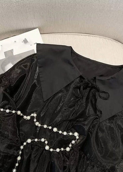Long Neck Mid V Dresses French Tulle Patchwork Black Sleeve FashionChic