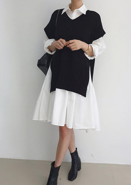 Knit Dresses Stylish Pieces Shirt Set Side Two Open And Vests FashionChic