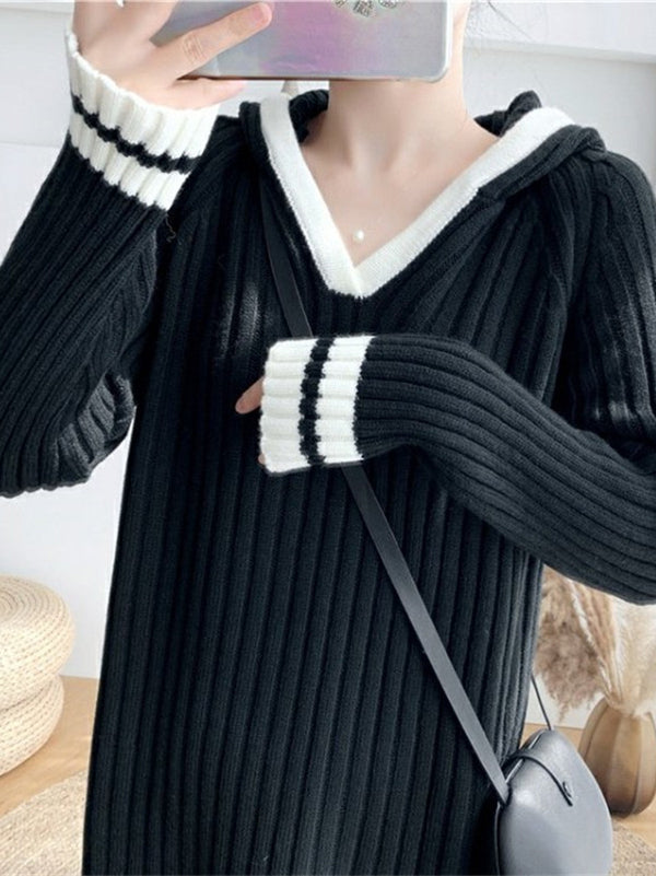 Urban Coffee Hooded V-Neck Long Sleeve Striped Knit Dress AN1051 Genistyle Shop