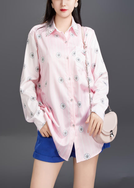 Art Pink Peter Pan Collar Print Cotton Shirt Fall AJ1006 JDML-240909