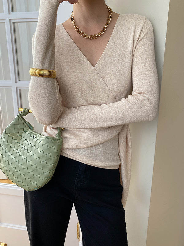 French Apricot V-Neck Asymmetric Lace-up Long Sleeves Sweater QX015 shopify