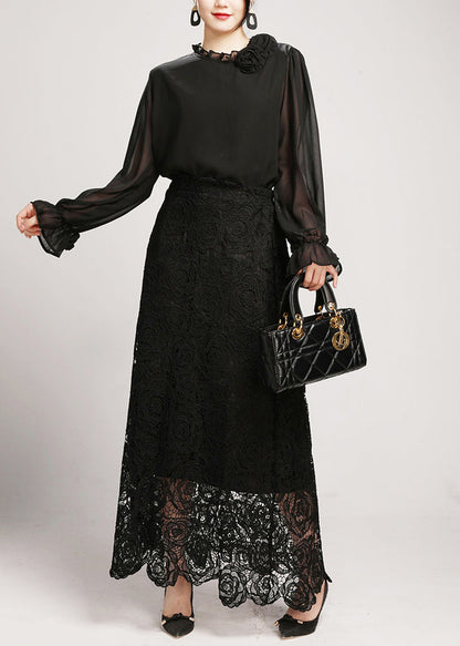 Black Lace Shirts And Maxi Skirts Two Pieces Set V Neck Long Sleeve AO1042 JDML-TPIEC240909