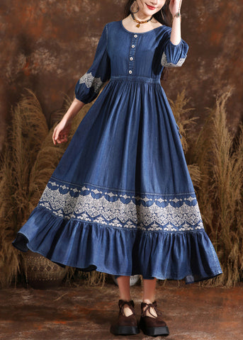 Organic Navy O-Neck Wrinkled Elastic Waist Long Denim Dresses Bracelet Sleeve NN001 shopify