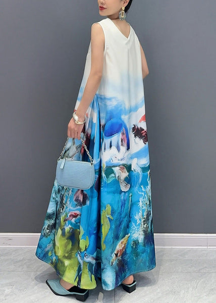 Fashion Blue V Neck Print Long Dress Sleeveless AO1053 JDML-SDL240909