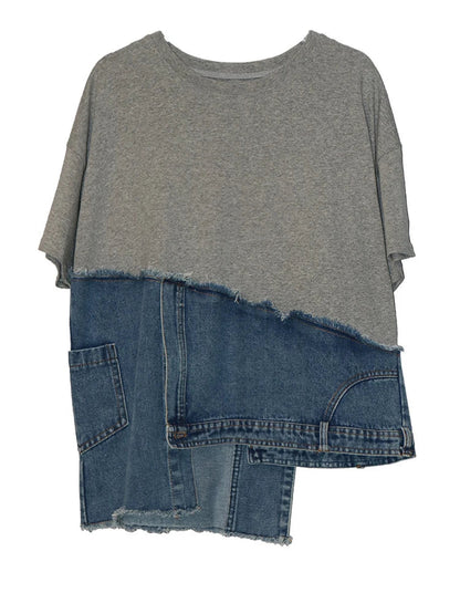 Denim Street Patchwork Sleeve White Short T-Shirt O-neck Hem FashionChic