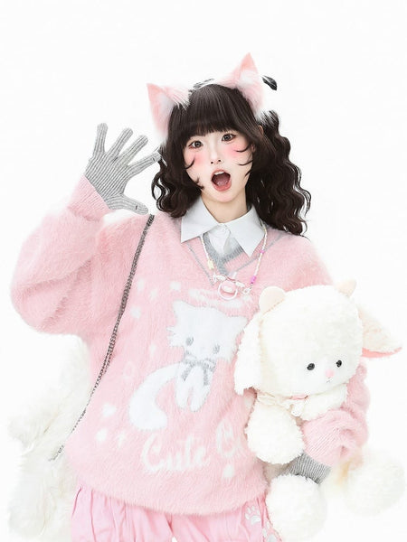 Pink/Black Daily with Cat Letter Kawaii V-neck in Sweater Pattern FashionChic