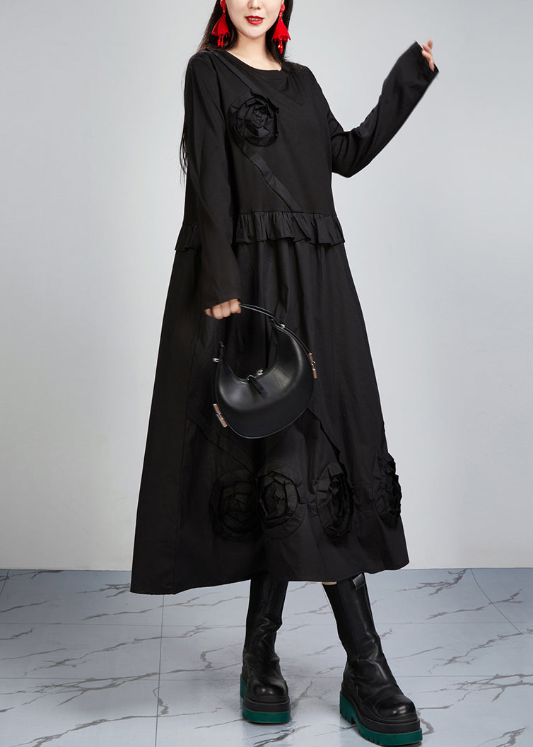 Italian Black O Neck Pockets Patchwork Cotton Dress Long Sleeve AR1026 JDML-240823