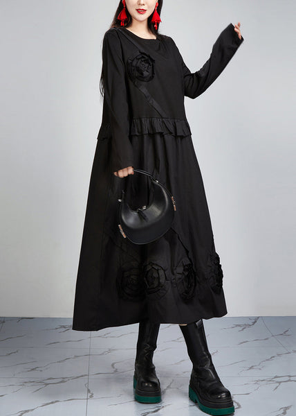 Italian Black O Neck Pockets Patchwork Cotton Dress Long Sleeve AR1026 JDML-240823