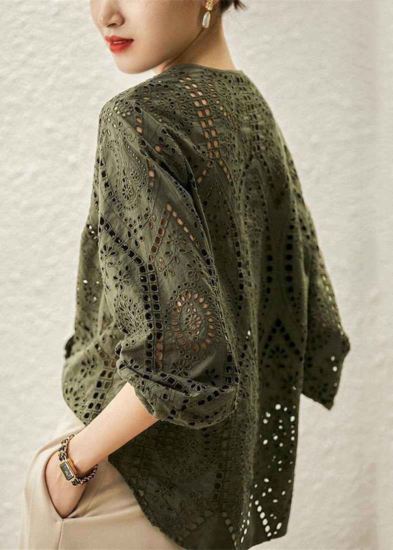 Khaki Out Hollow Blouses Women Sleeve O Light Cotton Long Neck FashionChic