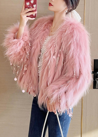 Cute Pink O-Neck Tassel Leather And Fur Coats Winter WV032 ABC