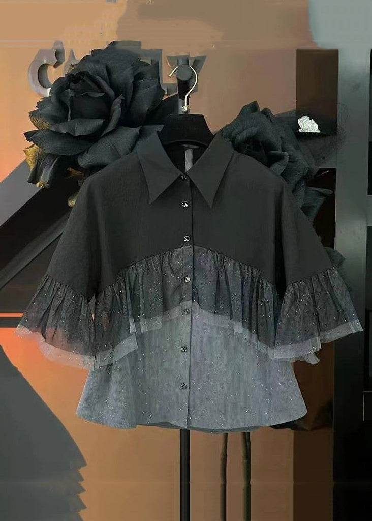 French Black Wrinkled Button Tulle Patchwork Shirt Summer NN042 shopify