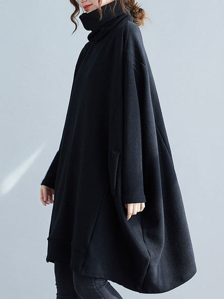 Casual Loose Black Heaps Collar Pockets A-line Long Sleeve Sweater AN1065 Genistyle Shop