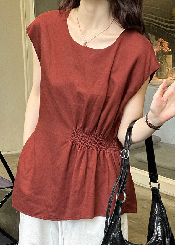 Women Red O Neck Solid Cotton Tops Summer AF1001 HS-STP240914