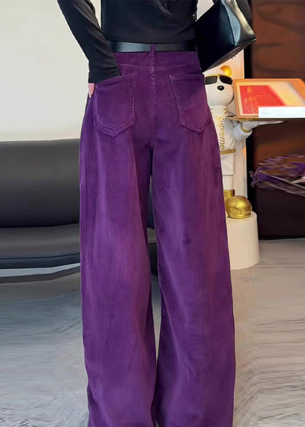 Corduroy High Simple Waist Side Purple Straight Spring Pants Open FashionChic