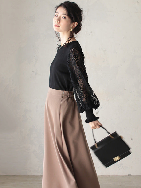 Tempermant Black Round-Neck Patchwork Hollow Lace Long Puff Sleeves Sweater QX011 shopify