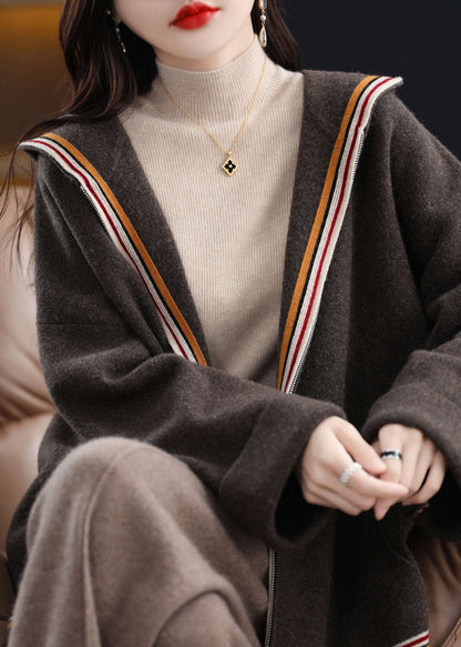 Unique Beige Zippered Patchwork Cozy Woolen Hoodie Cardigans Winter WV020 ABC