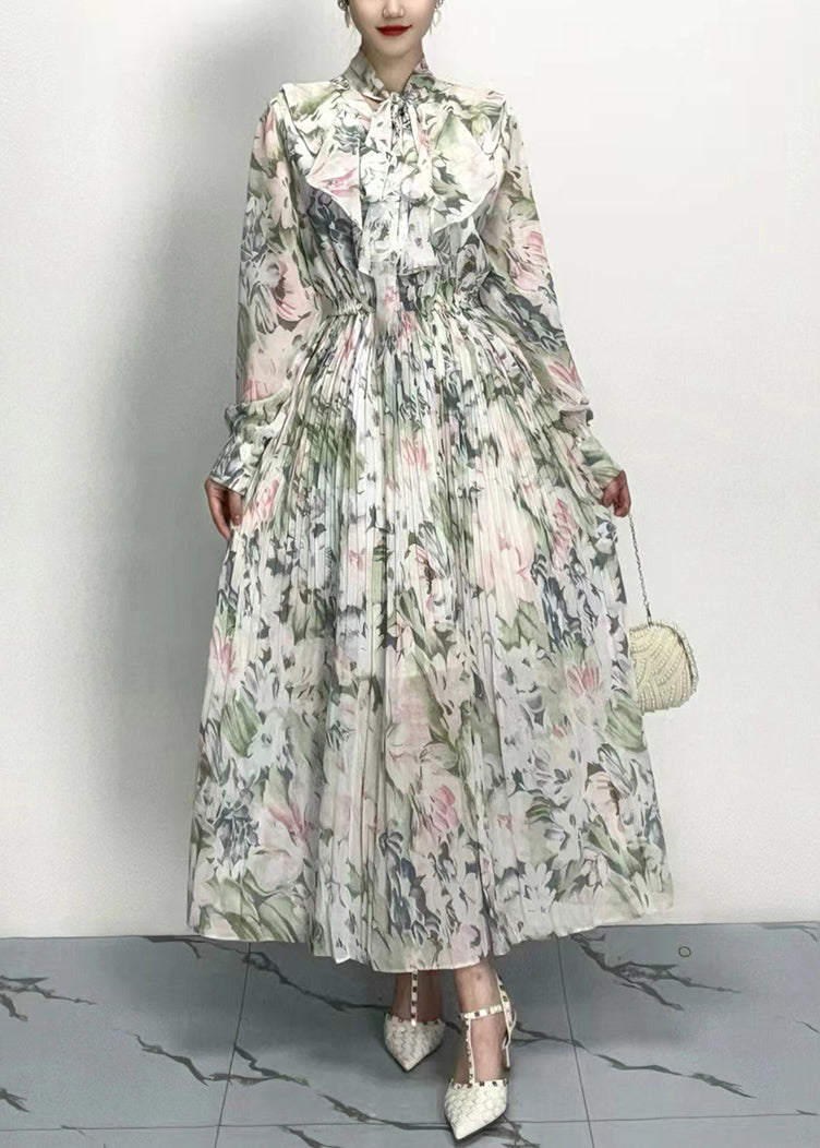 Classy Grey Bow Print Wrinkled Cotton Long Dresses Long Sleeve AO1011 JDML-FDL240909