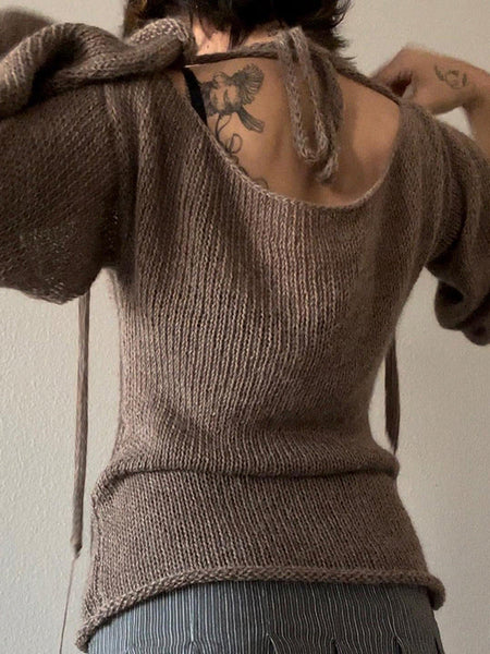Vintage Brown Round-Neck Back Cross Hollow Lace-Up Long Bell Sleeve Sweater AN1039 Genistyle Shop