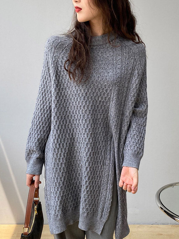 Retro Oatmeal Round-Neck Split-Side Long Sleeve Twist Knit Sweater AN1045 Genistyle Shop