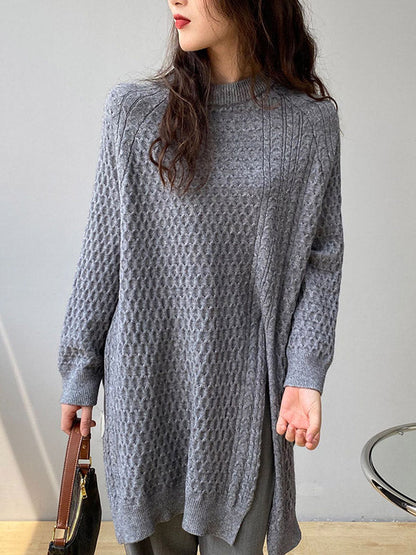 Retro Oatmeal Round-Neck Split-Side Long Sleeve Twist Knit Sweater AN1045 Genistyle Shop