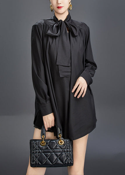 Stylish Black Bow Solid Cotton Fall Blouses AJ1014 JDML-240909