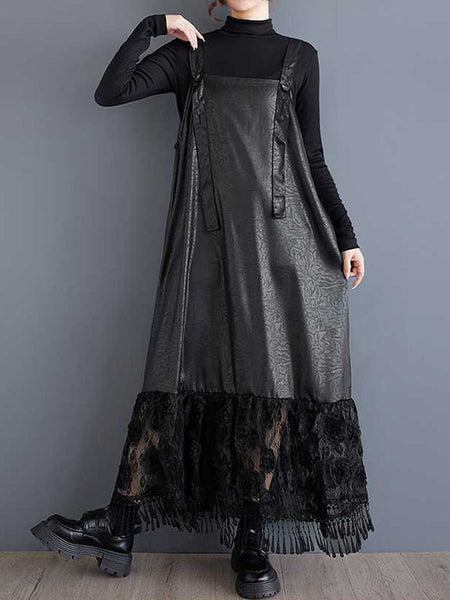 Elegant Black Square Collar Jacquard Patchwork Lace Ruffled Hem Suspender Dress TW010 ABC