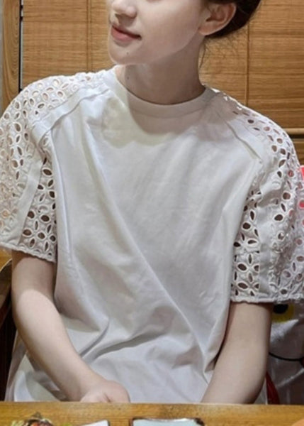 Chic White O-Neck Hollow Out T Shirt Short Sleeve TT1040 shopify